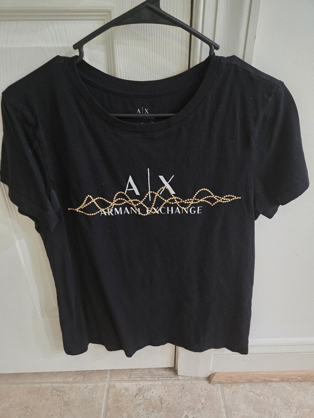 Armani Exchange Black Tee with Gold Stud Accent